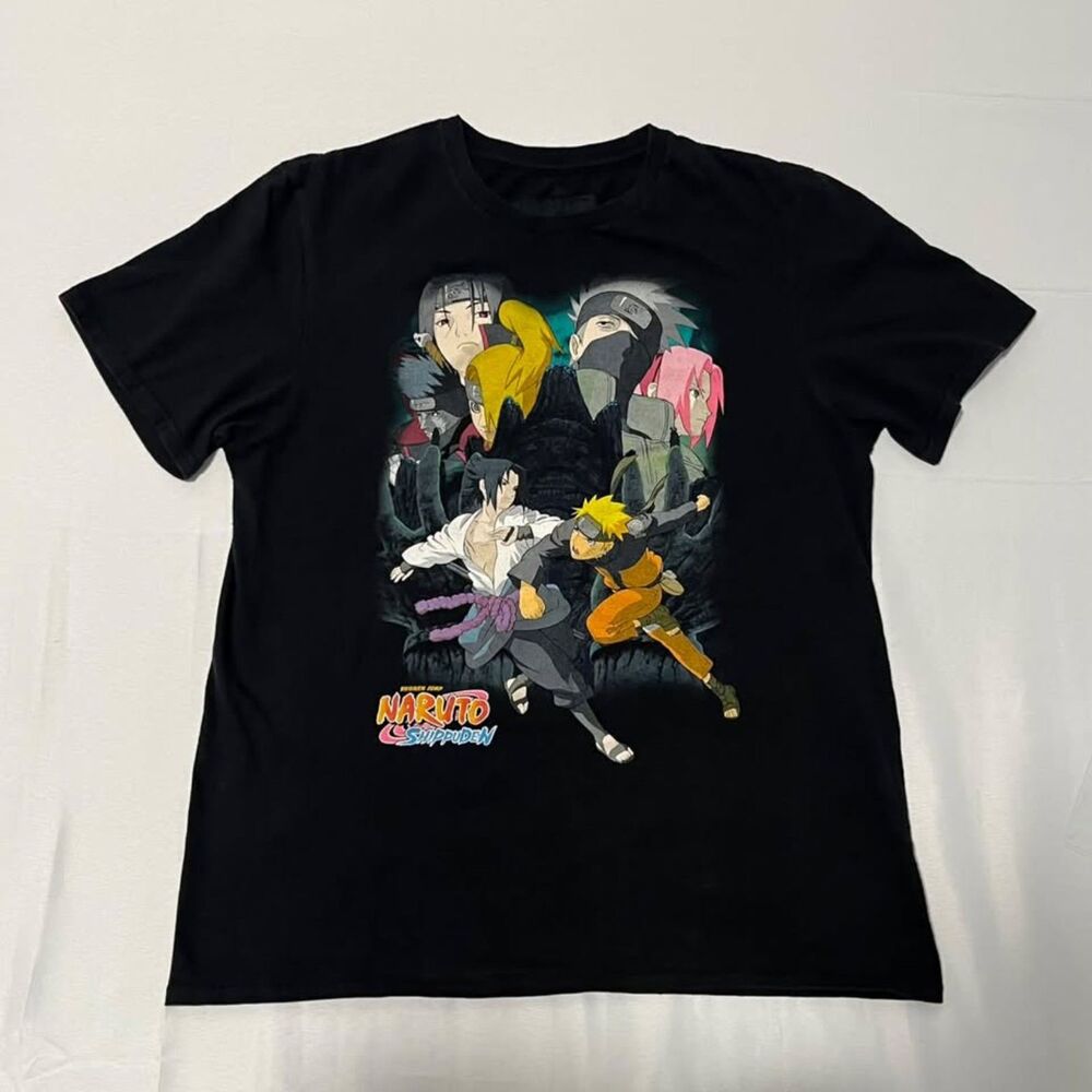 Naruto Shippuden Men's Black Graphic T-Shirt Anime Naruto Sasuke Kakashi Medium